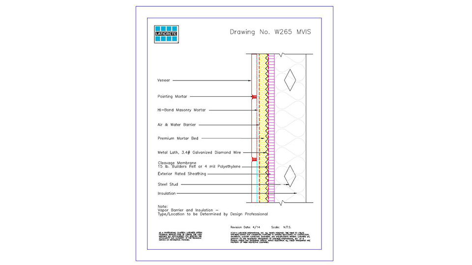 Figure 2. Shown is a typical wall construct cross section that includes a fluid applied air and water barrier. Detail courtesy of LATICRETE International ,Inc.