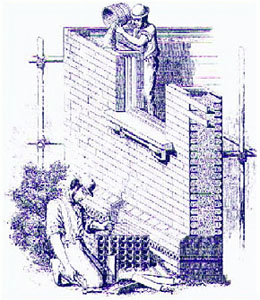This drawing depicts the grouting of brick walls in the United States in 1868.