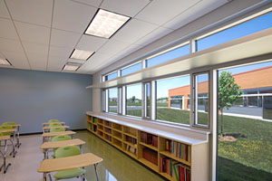 Interior of Colin Powell Middle School. Photo courtesy of Legat Architects.