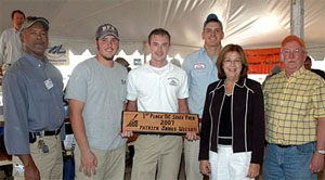 From left to right: Contest chairman Calvin Brodie; third-place finisher David Gantt of Beam Construction Company; contest champion Patrick Wilson of Barbee Masonry Contractors Inc.; second-place finisher Joseph Wainwright of McGee Brothers Co.; North Carolina Department of Labor Commissioner Cherie Berry; and North Carolina Masonry Contractors Association President Wayne Starr.