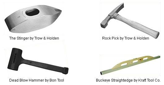 Shown are The Stinger by Trow & Holden, Rock Pick by Trow & Holden, Dead Blow Hammer by Bon Tool, and Buckeye Straightedge by Kraft Tool, Co.