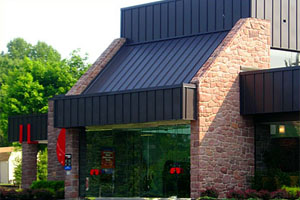 This commercial bank has thin stone veneer from Delaware Quarries, Bucks County Brownstone.