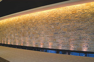 Thin stone is a perfect way to dress up and add class to the interior of any building, as shown on the hallway of Hubbell Lighting, which uses thin stone veneer from Natural Stone Veneers International. Photo courtesy of Brian Dressler.
