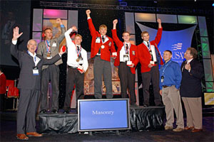 Winners of the 2008 National Masonry Contest at the 44th SkillsUSA National Leadership and Skills Conference (L to R) third place winners Keith McEneaney, The Williamson Free School of Mechanical Trades, Media Pa., and Darren Tobol, Pioneer Career Technology Center, Shelby, Ohio; first place winner Bradley V. Wright, Earnest Pruett Center of Technology, Hollywood, Ala.; and second place winners Travis Greenly, Central Cabarrus High School, Concord, N.C., and Justin Wiley, West Stanly High School, Oakboro, N.C.