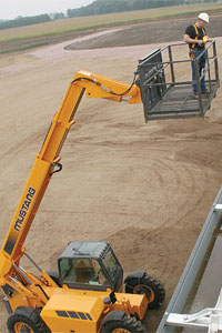 Compact telehandlers can maneuver in tight spaces, yet they can handle most masonry tasks.
