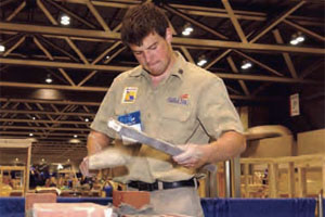 Nathan Rader works to complete his composite project in the 2009 national masonry contest held in conjunction with the 45th Annual SkillsUSA National Leadership Conference held at Kansas City's H. Roe Bartle Convention Center.