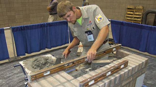 This photo shows Bradley Wright working on his composite project at the 2010 SkillsUSA national masonry contest.