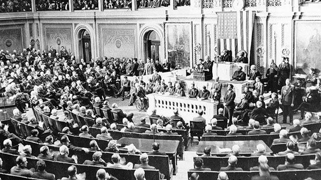 President Franklin Delano Roosevelt addresses Congress, December 8, 1941.
