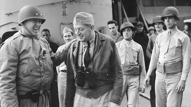 Major General George S. Patton and Rear Admiral H. Kent Hewitt on board the USS Augusta in 1942.