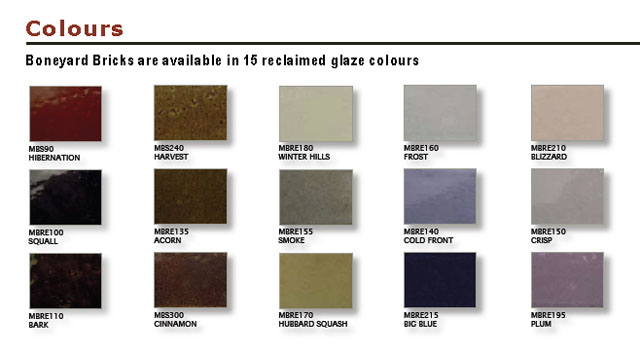 Boneyard Bricks are available in 15 reclaimed glaze colors.