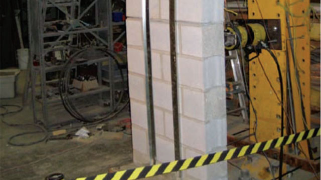 Figure 2 - This external steel stud reinforced hollow block foundation wall is being tested at McMaster University in Hamilton.
