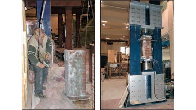 Figure 3 - Glass fibre-reinforced polymer (GFRP)-wrapped brick column testing is being performed at the University of Calgary.