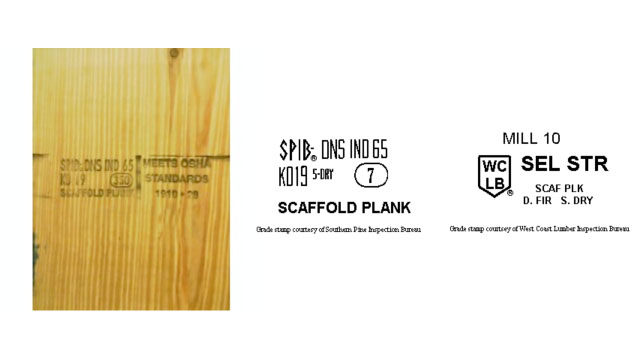 Solid sawn scaffold plank that has of mill/grade stamp and OSHA-compliant stamp.