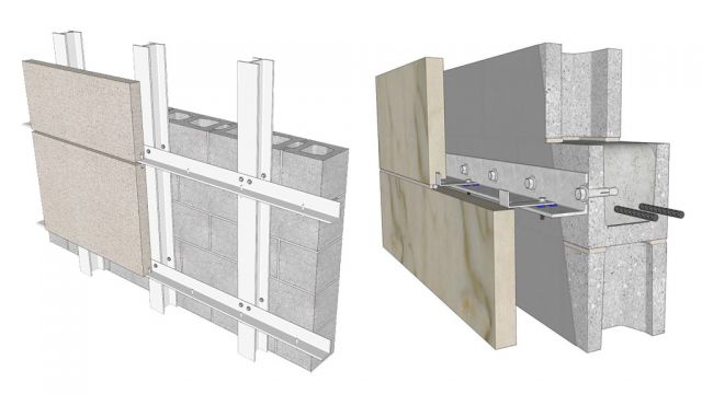 Figure 1. Details for cladding anchorage to hollow CMU (left) and grouted CMU (right). Renderings courtesy of the International Masonry Institute (www.imiweb.org).