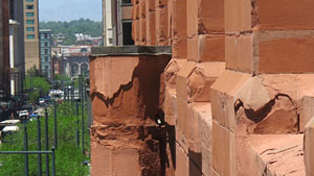 Stone and flashing showing wear on the Brown Palace Hotel. Photo courtesy of BRS.