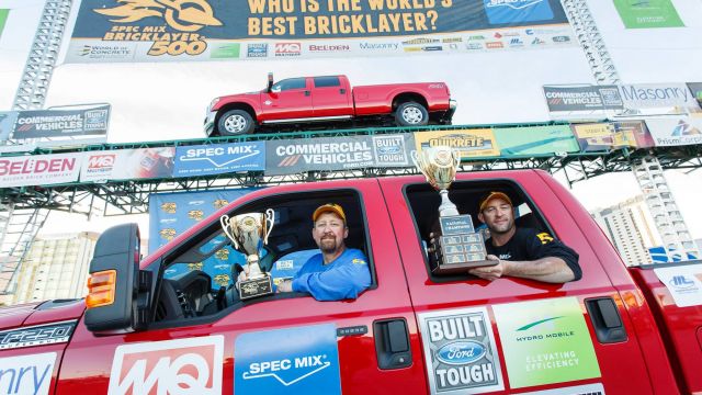 Fred Campbell, the second time winner of the SPEC MIX BRICKLAYER 500 gives his World's Best Bricklayer prize, the 2015 Ford F-250 Super Duty Truck, to his mason Tender, Tony Shelton