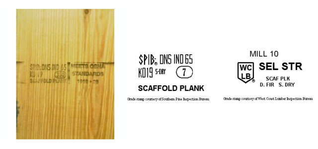 Solid sawn scaffold plank that has of mill/grade stamp and OSHA-compliant stamp