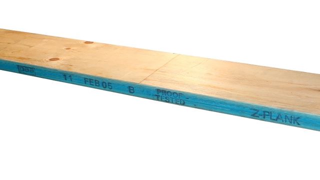 LVL scaffold plank that has third-party inspection stamp, OSHA compliant stamp, date and proof testing