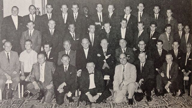 1963 apprentice contestants with International Union officers and sponsors photographed the night before the contest started in St. Louis