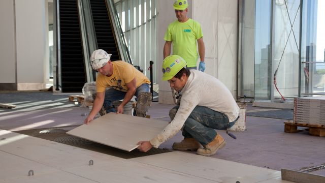 TEC products were used to install 2-foot-by-4-foot tile in Cobo's atrium