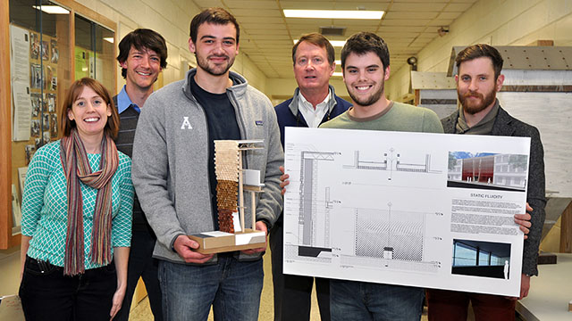 Seniors Ethan Young of Jefferson, NC, third from left, and Austin Marshall of Raleigh, NC, fifth from left, are the winners of the Third Annual Appalachian State University NCMCA Sigmon Memorial Design Competition