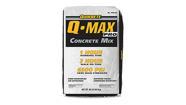 QUIKRETE® Q•Max Pro Concrete Mix is a fiber reinforced, rapid hardening concrete formulated to provide a 1-hour working time, a walk-on time of 3 hours and achieve a compressive strength of 6500 PSI (44.8MPa).