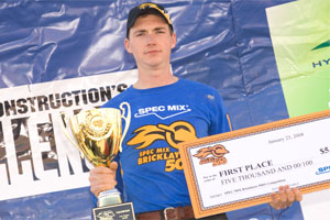 Mason Garrett Hood from North Carolina, took first place overall with 791 brick laid in the 2008 SPEC MIX BRICKLAYER 500® National bricklaying championship.