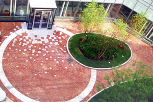 Red brick pavers blend harmoniously with the warm tones of the surrounding buildings.