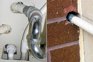 (Left) Under a sink, pipes penetrate the wall assembly. Even though the gaps seem tiny, for air they are a super-highway. If there is a pathway to the outdoors, expensively conditioned air will blow out just the same as if you left a door or window open. Air barriers block those pathways. (Right) This opening in the masonry veneer lets warm moist air into the building envelope. If it finds its way through the structural wall, there is danger of condensation in the cooler recesses of the wall assembly. Condensation creates conditions for mold and other wall-component deterioration. Air barriers stop the air flow at the structural walls. Photos courtesy of PROSOCO.