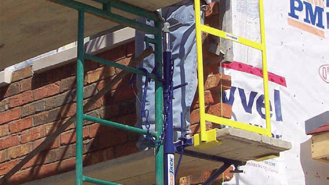 Mason contractors looking to reign in costs during this recession should take a new look at adjustable scaffolding. Photo courtesy of Scafjack.