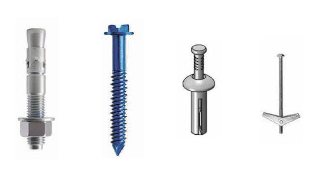 From left to right: Typical torque-type anchor, typical threaded fastener, typical nail drive expansion, typical toggle
