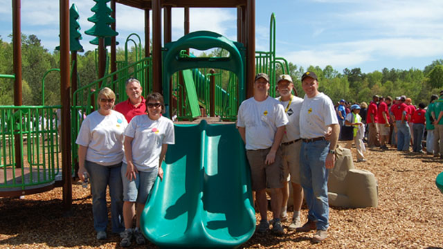 The Sakrete Team helped complete the playground build by 3:00 PM.