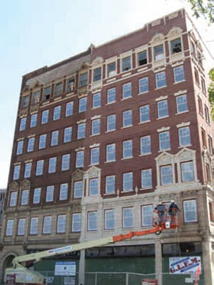 The historic masonry exterior of Dalton Apartments in Gary, Ind., gets a good cleaning with PROSOCO products as part of a restoration and rehab slated for completion by September or sooner.