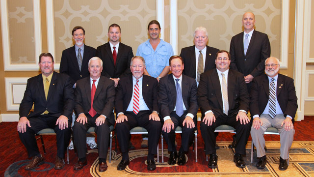 The 2012-2013 RCI, Inc. Board of Directors. Seated, left to right: Immediate Past President Rick Cook, 2nd Vice President Sidney Hankins, President Chip Ward, Executive Vice President & CEO James Birdsong, 1st Vice President Tom Gernetzke, and Secretary/Treasurer Jean-Guy Levaque. Standing, same order: Region I Director Peter Brooks, Region II Director Robért Hinojosa, Region V Director Jon Peat, Region IV Director David Pierce, and Region III Director Ron Erdman.