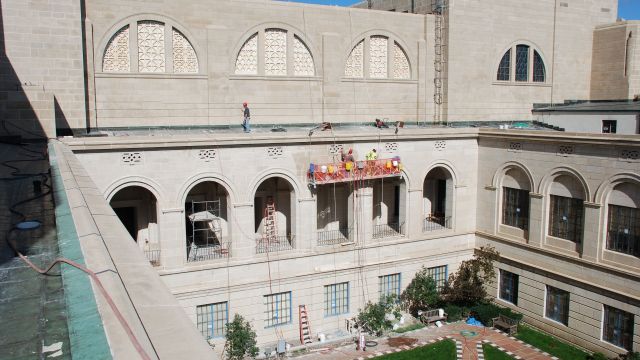 At the 1998 beginning of the Exterior Masonry Restoration Project, architectural consultants advised using a new cleaning technique, “Façade Gommage.”