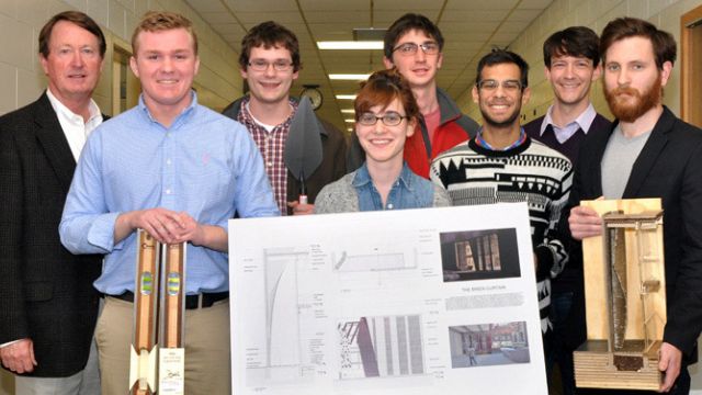 Emily Porter, fourth from left, and Alexander Adzima (not pictured) are the winners of the Fourth Annual Appalachian State University NCMCA Sigmon Memorial Design Competition