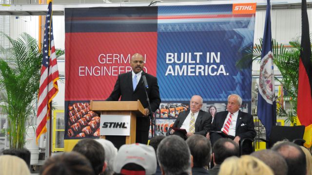 Virginia Secretary of Commerce and Trade, Maurice Jones, salutes STIHL Inc. for manufacturing excellence